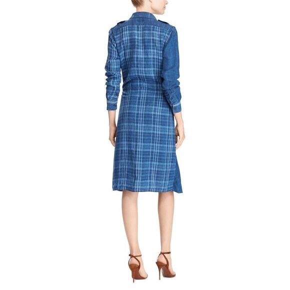 Polo Ralph Lauren Indigo Dyed Blue Plaid Linen Tie Front Sarong Shirt Dress - Picture 6 of 16